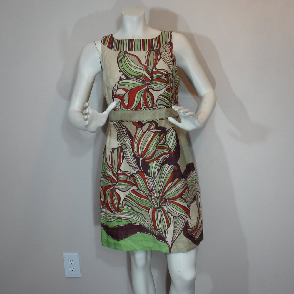 Rene Derhy beige   floral linen blend lined sleeveless side zip dress size Large